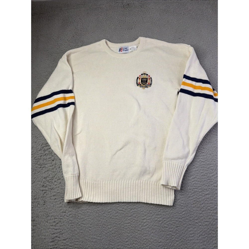 Vintage Cliff Engle Sweater Mens Large Beige U.S. Naval Academy Ex Tridens 80s